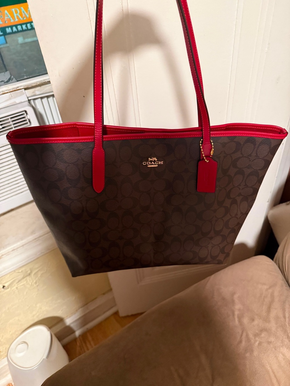 Coach Brown Signature Tote with Red Trim and Handles